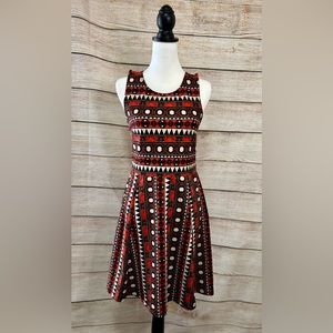 H&M red black brown fit and flare dress peep back sleeveless small aztec tribal